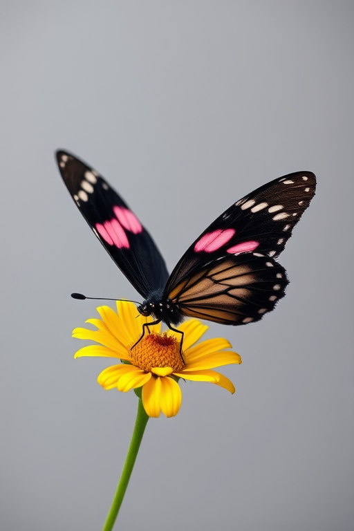 Generate an image of a butterfly perched on a vibrant yellow flower. The butterfly should have black wings with pink and white markings, set against a soft gray background. The scene should capture the delicate details of the butterfly and the flower.
