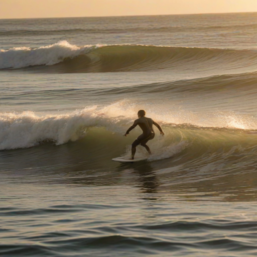 Blurry action shot, a surfer catching a large wave, water splashing around them, sunset colors reflecting off the ocean surface, intense focus on their face, other surfers in the background waiting for the next wave, golden light filtering through the crest of the wave.