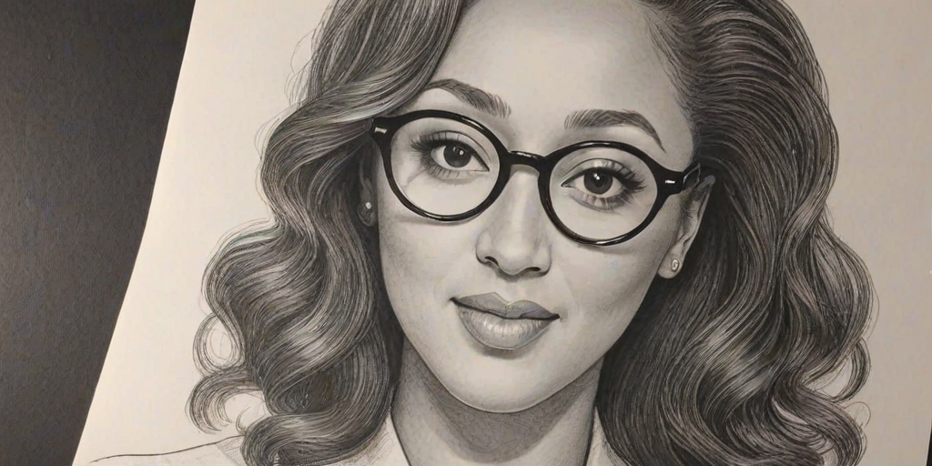 Enchanting Tamera Mowry-Housley, pencil sketch, portrait of Splendid woman 1952s in glasses, hair style beatnik, outline, clear lines, fine lines, 8k