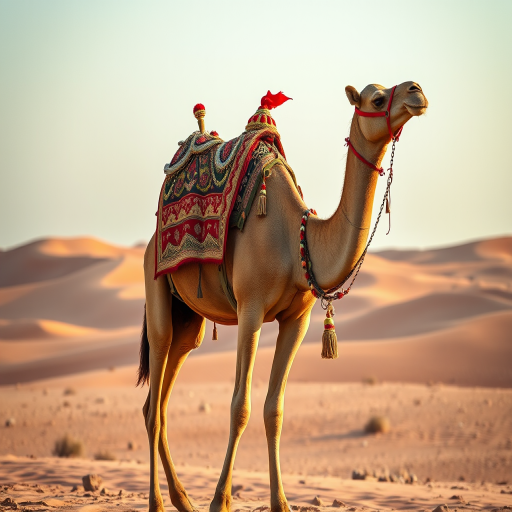 High-resolution image of a decorated camel standing in a desert landscape, captured with a DSLR camera at f/4.5 aperture, ISO 100, shutter speed 1/200 sec, 50mm lens, natural light, with a slight vignette for depth.