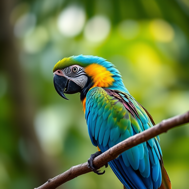 A vibrant macaw perched on a branch, showing vivid blue and yellow plumage, captured with a Canon EOS R5, 85mm lens, f/2.8 aperture, ISO 200, natural light, shallow depth of field to blur the background.