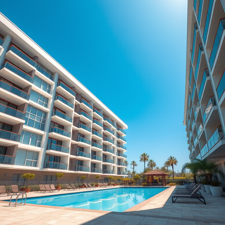 high-resolution exterior shot of a modern apartment building featuring a swimming pool with lounge chairs, daytime with clear blue sky, wide-angle lens, f/8 aperture, ISO 100, 24mm focal length, DSLR camera, natural lighting, vibrant colors