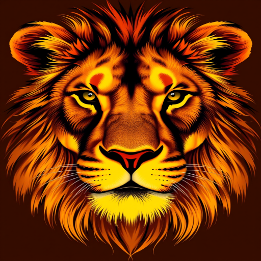 Create a highly detailed, stylized image of a lion's face with vibrant golden hues on a brown background, using a digital art style; camera settings: aperture f/2.8, ISO 100, shutter speed 1/200s; camera view: close-up; camera style: portrait; camera type: DSLR.