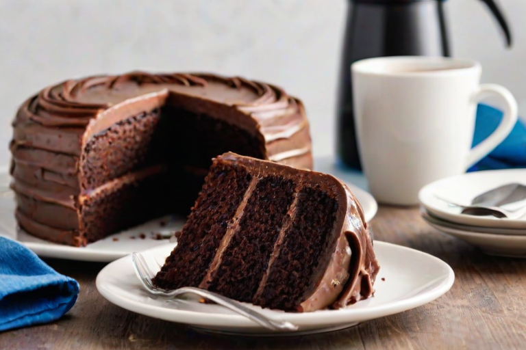 Generate an image of a rich chocolate cake with smooth chocolate frosting, featuring a slice on a white plate. The cake has multiple layers with a creamy filling visible in the slice. Include a coffee press and fresh coffee in the background, with a blue cloth underneath the cake for contrast.