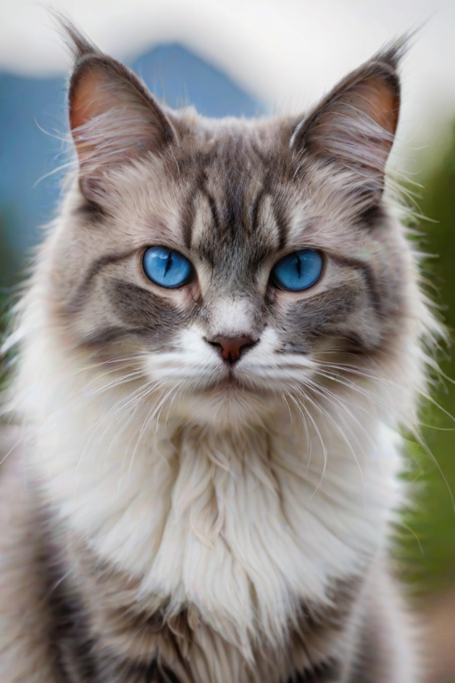 A close-up of a fluffy gray and white cat with striking blue eyes, looking directly at the camera with a serious expression against a blurred natural background.