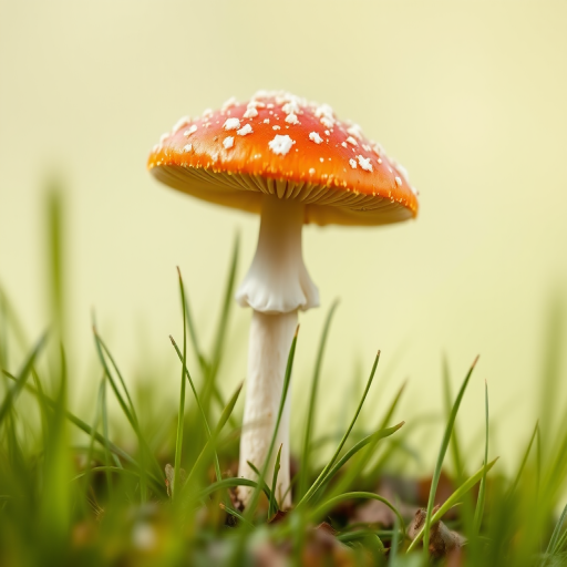 Regenerate an illustration of a vibrant orange mushroom with white spots, set against a transparent background, captured using a DSLR camera with a 50mm lens at f/2.8, ISO 100, and a shallow depth of field to enhance focus on the mushroom while softly blurring the surrounding grass.
