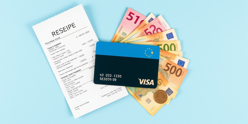 Create a digital illustration of a receipt, various Euro banknotes, a credit card, and a Euro coin placed neatly on a light blue background, using a Canon EOS R5 camera with a 50mm lens, aperture set to f/2.8, ISO 100, and a shallow depth of field for enhanced focus on the objects.