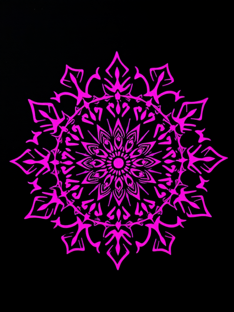 Create a highly detailed mandala design with intricate pink patterning on a black background, using a macro lens at f/2.8 aperture, ISO 100, and a 50mm lens to enhance sharpness and color vibrancy.