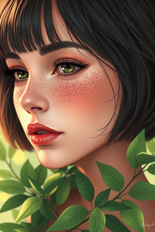 Create an illustration of a woman with a bob hairstyle, soft features, and freckles, adorned with green leaves intertwined around her neck, captured in a close-up shot with a depth of field effect, using a digital art style, simulating a DSLR camera with a 50mm lens at f/1.8, in natural daylight.