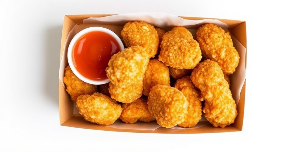 Box of chicken nuggets with a dipping sauce on a white background, high-resolution, 50mm lens, f/2.8 aperture, ISO 100, natural light, top-down view.