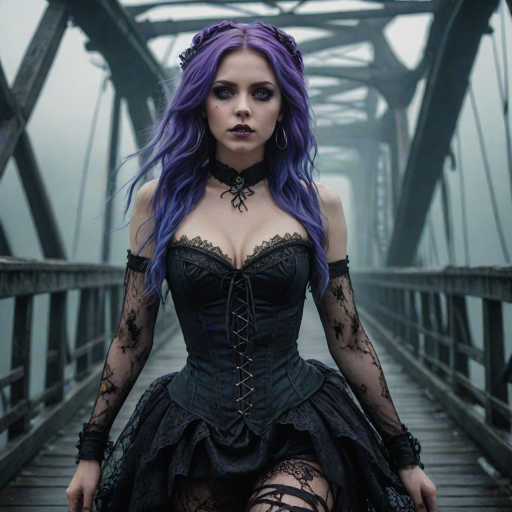 (Bottom-up view view:1.5) Cinematic glamour portrait of a beautiful ((skiny:1.1)) young girl, detailed purple eyes, wearing a Dark Alice in Wonderland dress with a Lace-up corset,  wearing Doc Martens boots with Ripped fishnet tights, green velus hair, on A gothic, fog-shrouded bridge, mist softly illuminated by a bluish or violet light source, supernatural feel, a giant Kraken comes from the mist, dark movie, look in the style of a horror science fiction movie, Dusk on a foggy bridge, unity 8k wallpaper, ultra detailed, beautiful and aesthetic, best quality, intricate, sharp focus, 8k textures , intricate, highly detailed, sharp focus, insane details, intricate details, hyper detailed, exposure blending, hdr, hyperrealistic, shot with Mamiya Leaf, Leica Elmar-M lens, 85mm, f/1.8, (high detailed skin:1.2), uhd, dsir, soft lighting, high quality, film grain,
