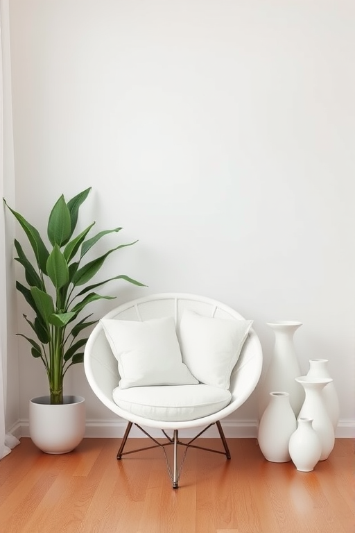 interior photo of a minimalist living space featuring a white round chair with pillows, a tall green plant, several white vases, and a wooden floor, using a Canon EOS R5 camera with a 35mm lens, aperture f/2.8, ISO 200, soft natural lighting, wide-angle view, high resolution