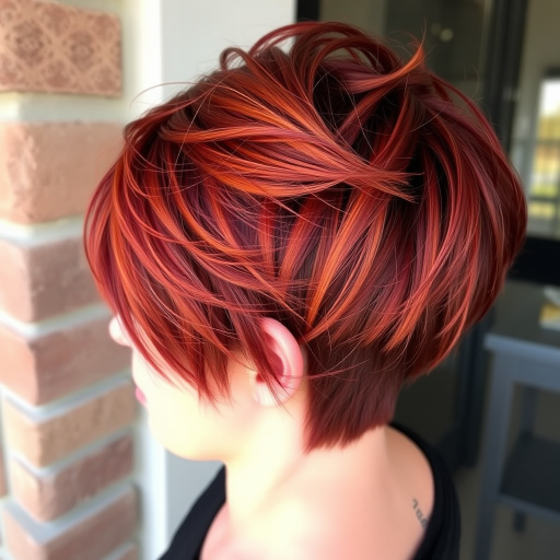 Vibrant Sunset Pixie Cut featuring fiery copper hues blending into deep burgundy tips, textured layers creating a wispy and ethereal appearance, perfect for adventurous spirits seeking a bold transformation