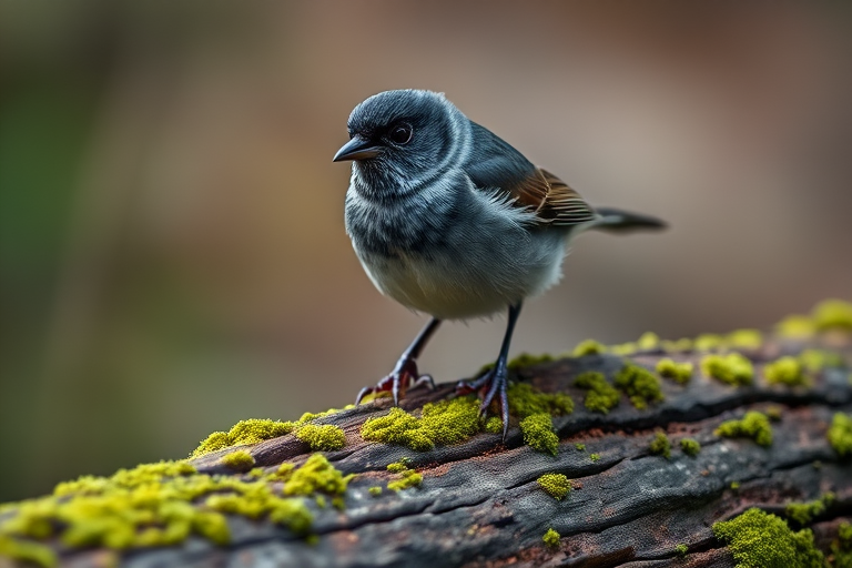 A close-up photograph of a dark-eyed junco perched on a moss-covered log, captured with a Canon EOS 90D, 300mm lens, aperture f/4, shutter speed 1/1000s, ISO 400, natural lighting, shallow depth of field for a blurred background.