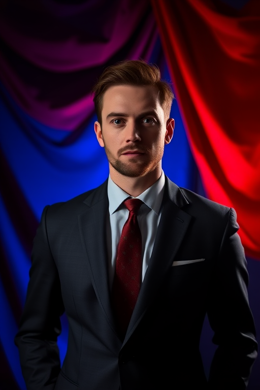 portrait of a man in a suit standing against a backdrop of red and blue fabric, dramatic lighting, captured with a Canon EOS R5, 50mm lens, f/1.8, ISO 100, 1/200 sec, soft focus on background, sharp focus on the subject