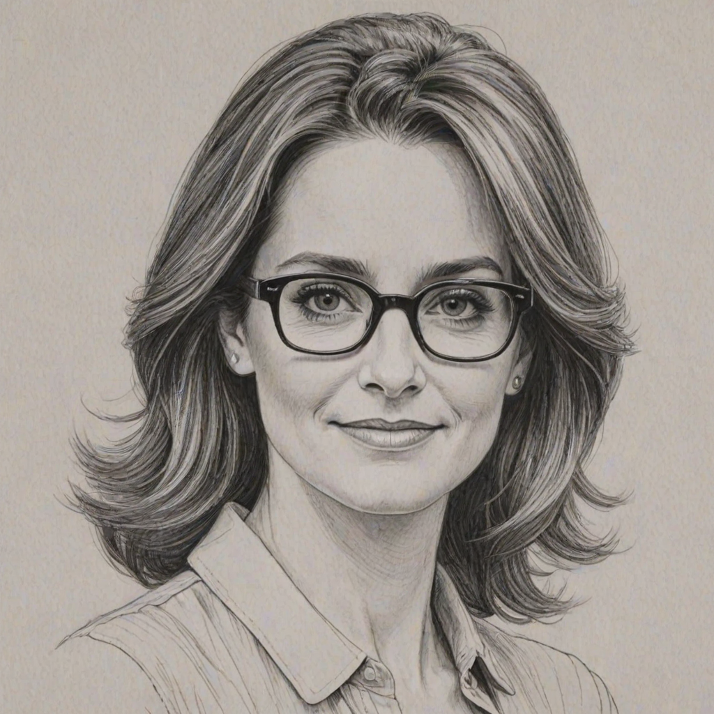 Comely Tina Fey, pencil sketch, portrait of Appealing woman 1961s in glasses, hair style beatnik, outline, clear lines, fine lines, 8k