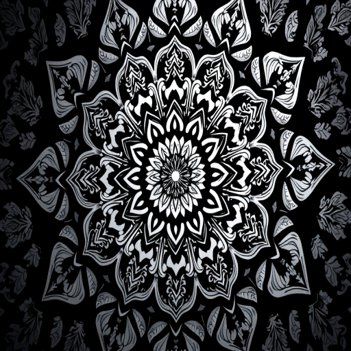 Create a highly detailed mandala design with intricate floral patterns in black and white, using a Canon EOS 5D Mark IV with a 50mm f/1.4 lens, aperture set to f/8, ISO 100, and a slight overexposure for a crisp and vibrant look.