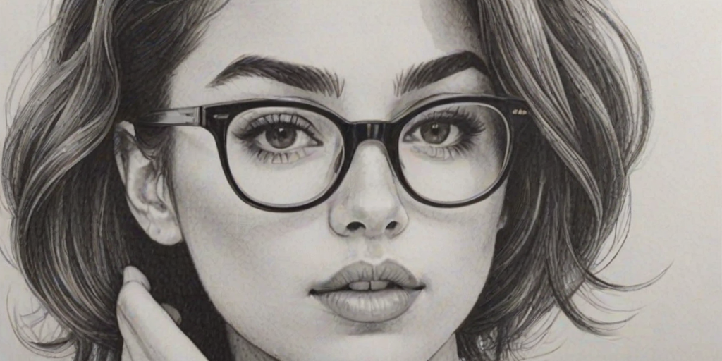Stunning Charlie XCX, pencil sketch, portrait of Captivating woman 1963s in glasses, hair style beatnik, outline, clear lines, fine lines, 8k