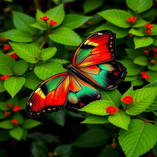 Generate an image of a butterfly with vibrant red and green wings resting on lush green leaves, surrounded by small red flowers in a natural setting. The butterfly should be detailed and colorful, showcasing its intricate patterns, while the background features rich foliage to create a serene atmosphere.