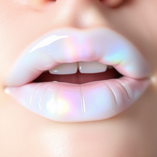 Opalescent white lips with a prismatic rainbow shift and glossy finish, titled "Ethereal Moonstone Aura"