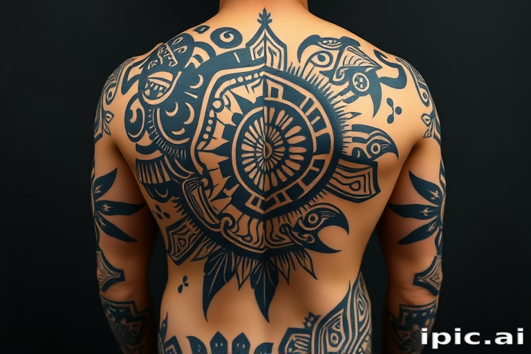 Tribal-inspired polynesian tattoo featuring bold black patterns and intricate geometric shapes, wrapping around the body to tell a personal story through traditional symbolism