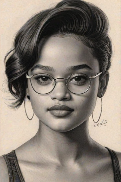 Magnificent Kiersey Clemons, pencil sketch, portrait of Gorgeous woman 1948s in glasses, hair style beatnik, outline, clear lines, fine lines, 8k