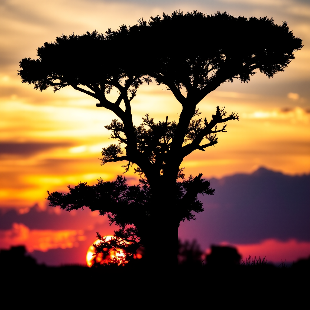 Create an abstract black silhouette of a tree against a vibrant sunset background, captured with a DSLR camera at f/8 aperture, ISO 200, 50mm lens, shot in landscape mode for enhanced clarity and depth.