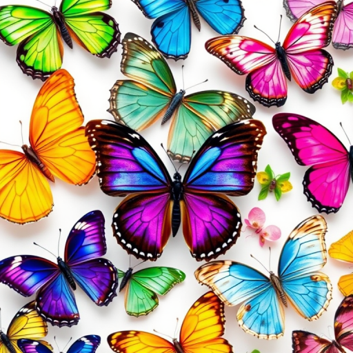 Create a vibrant digital collage of various butterfly species in an array of colors including blue, green, pink, yellow, and purple on a white background, using a macro lens, f/2.8 aperture, ISO 100, 50mm lens, with soft natural lighting to enhance the details and textures of the butterflies.
