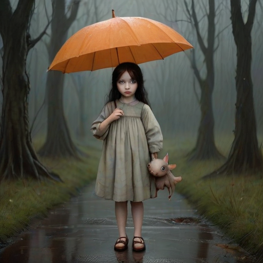 An eerie, weird little girl with dark hair in thin pigtails, wearing a smock dress, standing in the rain, holding a dirty orange umbrella, a small, odd creature beside her. In a surreal style inspired by Nicoletta Ceccoli and Brian Froud. Dark fantasy themes