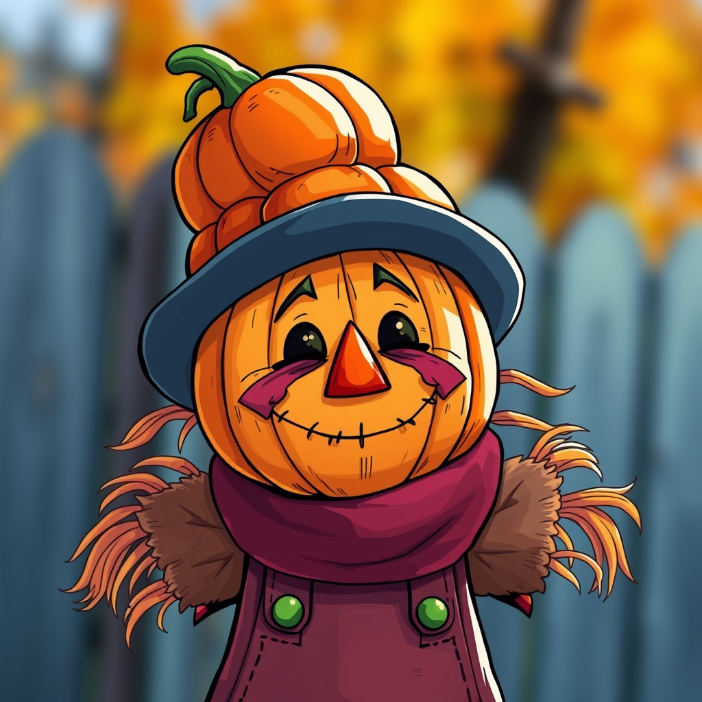 Generate a whimsical illustration of a scarecrow with a pumpkin for a head, showcasing vibrant colors and detailed textures, in a cartoon style, using a Nikon D850 with a 50mm f/1.4 lens, shooting from a low angle to emphasize the character's height and presence, at f/2.8 for a slightly blurred background to enhance focus on the scarecrow.