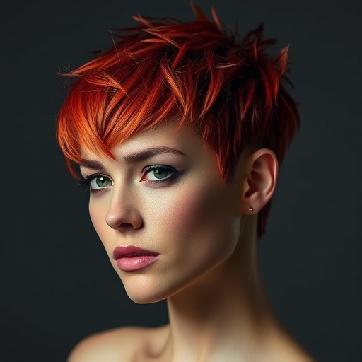 Dramatic shot of a model with Flame Fusion hair, a bold mix of reds and oranges in a short, spiky pixie cut with longer pieces framing the face