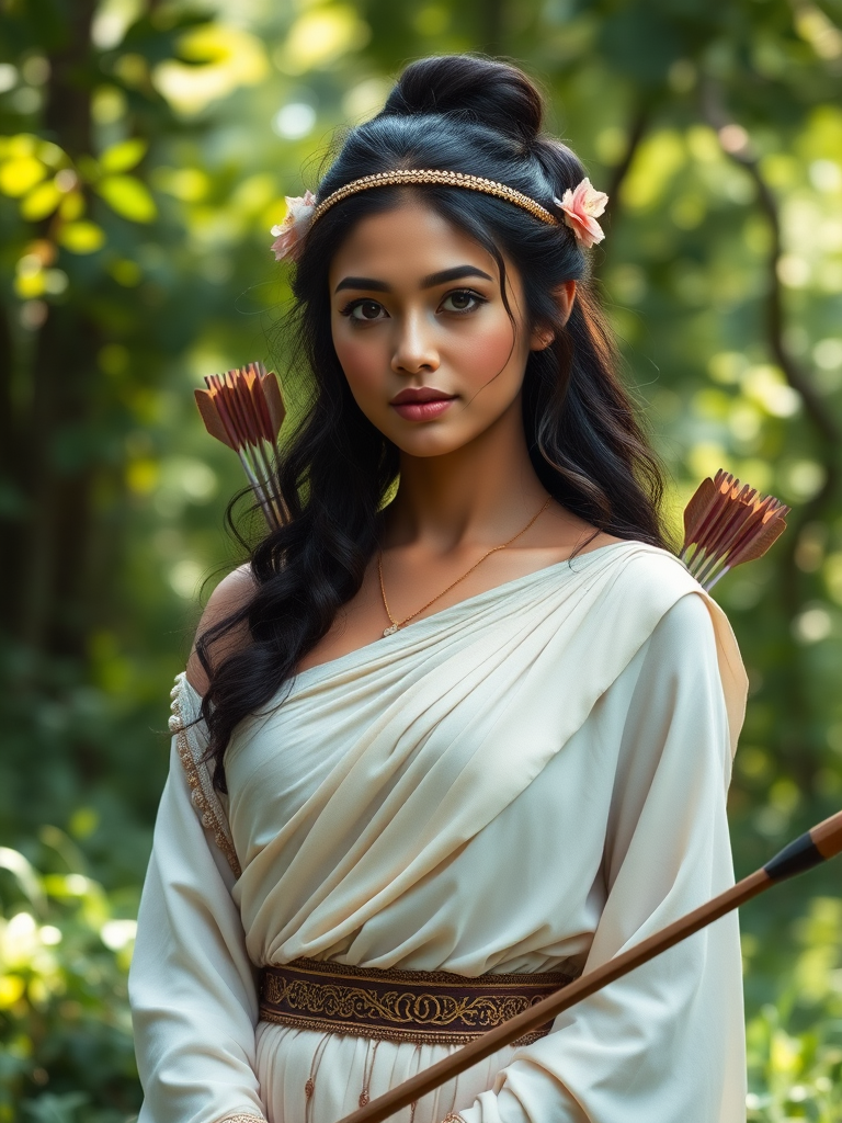 Create a portrait of a goddess-like Nepali girl figure in a tranquil, forested environment. She has an elegant appearance with long, wavy hair styled in an updo and adorned with a delicate, floral headband. She wears a flowing, ancient Greek-inspired gown in a soft, pale color, featuring a one-shoulder design and draped fabric that accentuates her graceful form. The outfit includes a decorative belt with ornate gold detailing, and she holds a bow in her hand, with a quiver of arrows slung over her shoulder. The background depicts lush greenery, with sunlight filtering through the trees, casting a gentle, ethereal light on the scene. Her expression is calm and contemplative, embodying a sense of wisdom and serenity.
