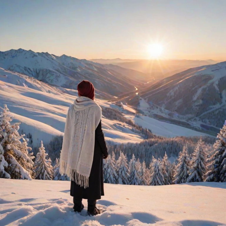 Sunrise over a snow-covered valley, the first light of day reflecting off the pristine white landscape, a woman stands on a hilltop, bundled in a scarf, taking in the breathtaking view.