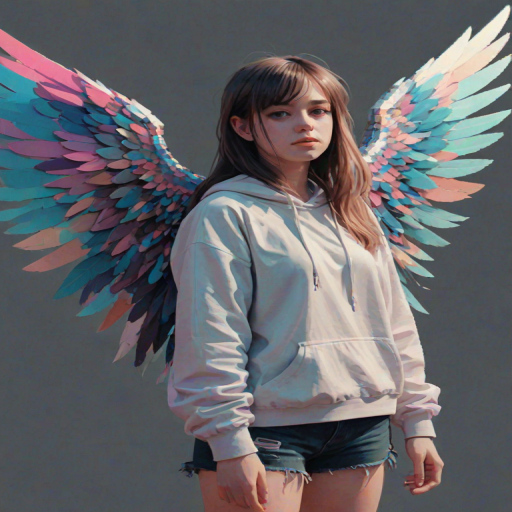1girl, pixelated, limited palette, glitch, glitching, glitch art, scanlines, chromatic aberration, wings, casual clothes, feathers