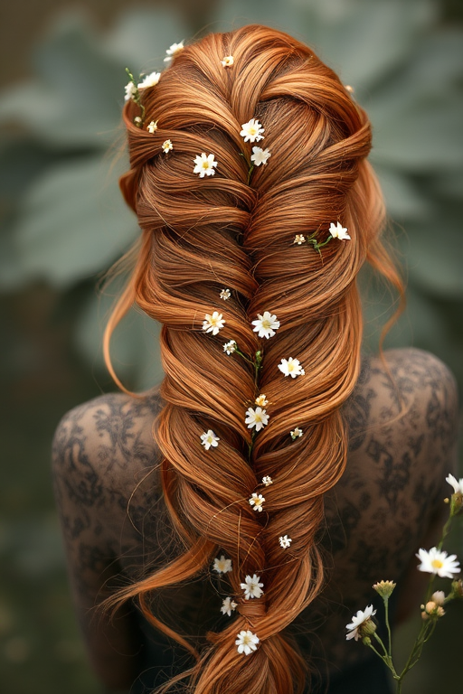 Romantic copper-hued mermaid braid interwoven with delicate wildflowers, evoking a bohemian goddess aesthetic, titled "Autumn Reverie"