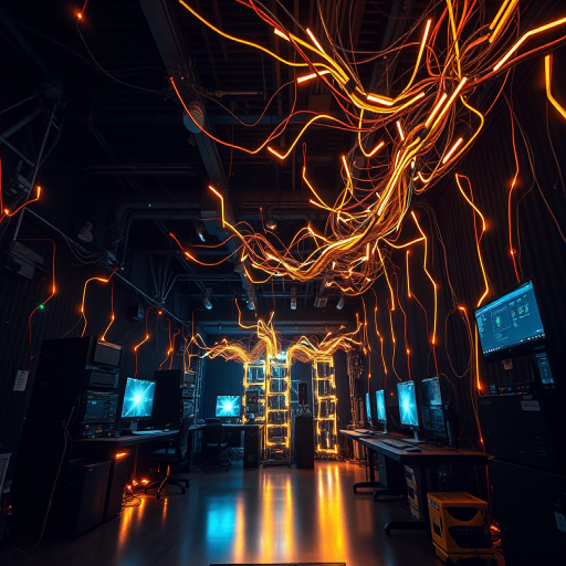 Generate a futuristic network of interconnected computers and glowing wires in a dark, expansive room, captured with a DSLR camera at f/1.8, ISO 200, 24mm lens, low-angle shot, using long exposure to enhance the glow of lights and create a sense of depth.