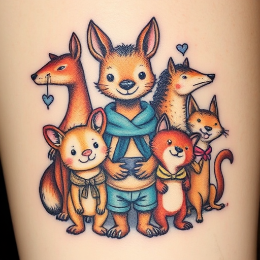 Illustrative tattoo titled "Storybook Menagerie" featuring whimsical animal characters with human-like expressions and clothing, inspired by vintage children's book illustrations, admired for its charming details and nostalgic appeal