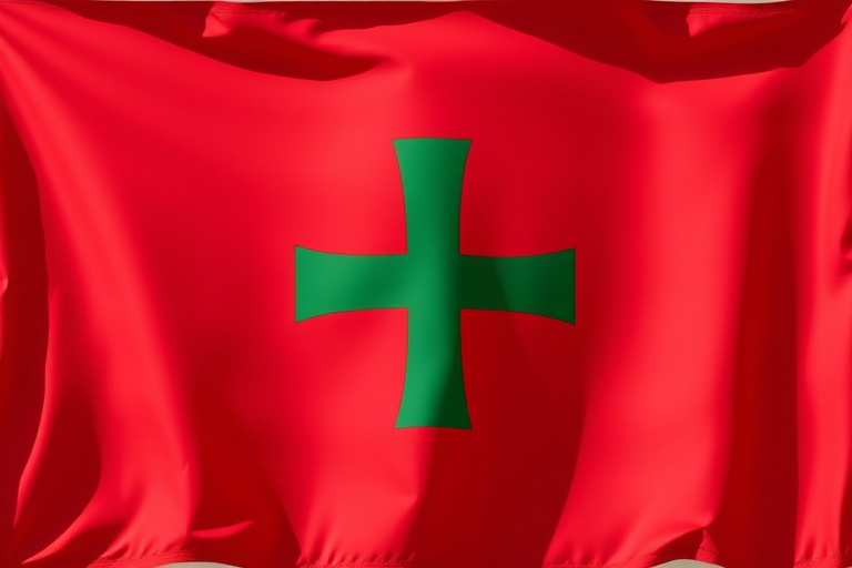 Create a vibrant high-resolution image of a flag with a red background featuring a green cross, captured with a DSLR camera at f/8 aperture, ISO 100, 1/250s shutter speed, taken from a front view with natural lighting.