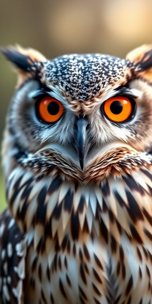 Generate a high-resolution polygonal art image of an owl with vibrant orange eyes, using a 50mm lens, f/2.8 aperture, ISO 100, soft natural lighting, and a slight depth of field to enhance details in the characteristics of the feathers.