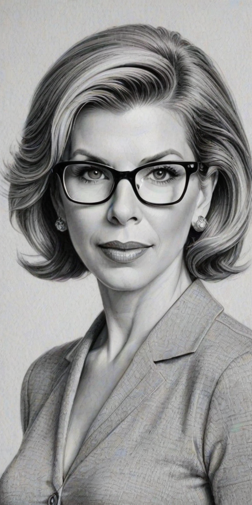 Fetching Christine Baranski, pencil sketch, portrait of Enticing woman 1951s in glasses, hair style beatnik, outline, clear lines, fine lines, 8k