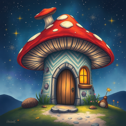 this picture is illustration of a mushroom house with a door and a window, a storybook , fantasy art, mushroom house, bg starry sky, sparkles