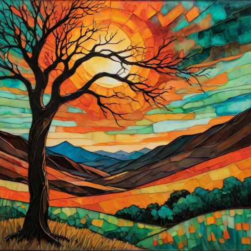 A vibrant abstract painting on Tiffany Glass, blending acrylic and alcohol ink techniques, captures a dramatic sunset over rolling hills. The artwork features a textured, rocky foreground in green and brown, layered abstract hills, and a striking sunset in rich oranges, yellows, and reds. A solitary black tree with intricate branches contrasts against the fiery sky, creating a dynamic and expressive portrayal of a breathtaking natural scene.