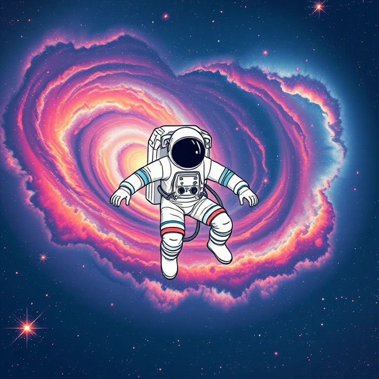 Astronaut floating in space with a vibrant swirling galaxy in the background, detailed line art style, 35mm lens, f/2.8 aperture, ISO 100, captured from a low angle to emphasize depth.