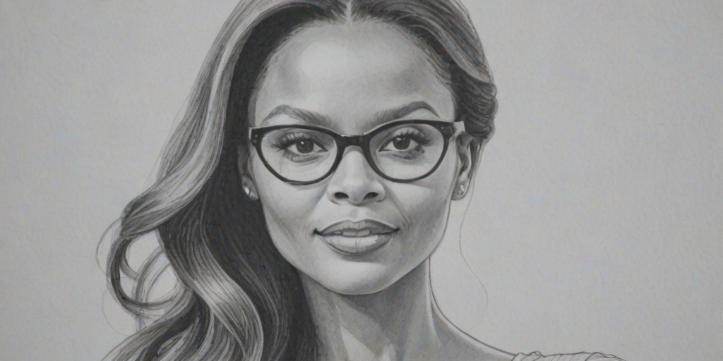 Ravishing Samantha Mumba, pencil sketch, portrait of Bewitching woman 1947s in glasses, hair style beatnik, outline, clear lines, fine lines, 8k
