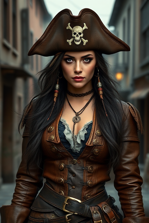 Create a portrait of a fierce female pirate. She wears a leather tricorn hat adorned with a skull and crossbones emblem, and her long, dark hair flows around her face. Her outfit consists of a richly detailed leather jacket, a corset, and multiple layers of belts and accessories, giving her a formidable and stylish appearance. She stands confidently in a dimly lit, historic port town, with a backdrop of weathered buildings and cobblestone streets, capturing the adventurous spirit of a pirate.