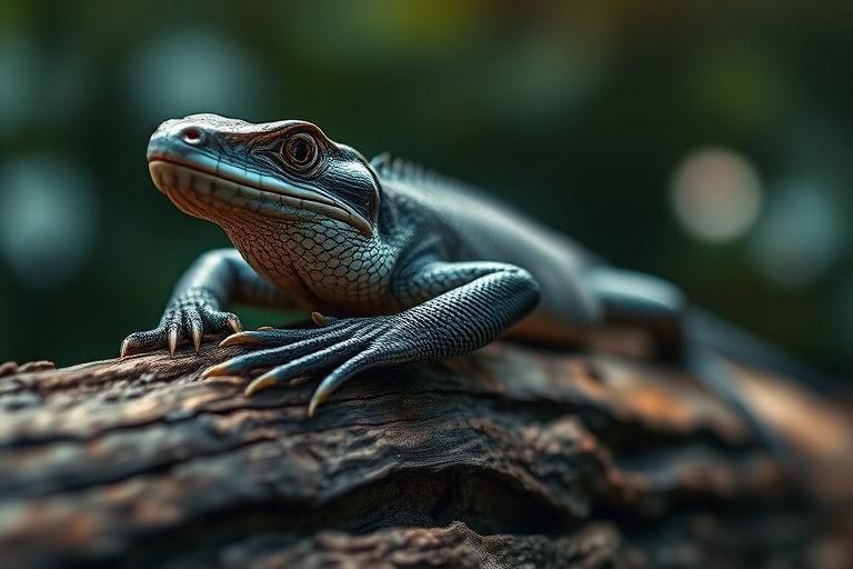 Close-up of a monitor lizard resting on a tree log, shallow depth of field, 85mm f/1.8 lens, ISO 200, 1/250s exposure, soft natural lighting, macro photography style, DSLR camera.