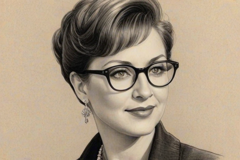 Elegant Joyce Meyer, pencil sketch, portrait of Exquisite woman 1927s in glasses, hair style beatnik, outline, clear lines, fine lines, 8k