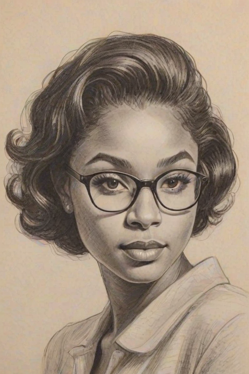 Sublime Ariana DeBose, pencil sketch, portrait of Enticing woman 1951s in glasses, hair style beatnik, outline, clear lines, fine lines, 8k