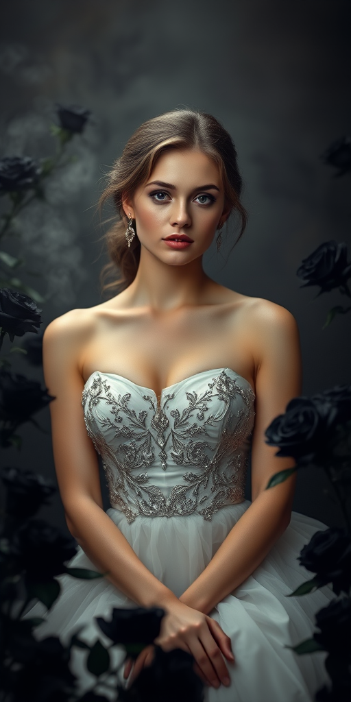 portrait of a young woman in an elegant gown surrounded by black roses, soft ethereal lighting, shallow depth of field, aperture f/1.8, ISO 100, 85mm lens, soft focus, dramatic atmospheric background, high resolution, shot with a full-frame DSLR