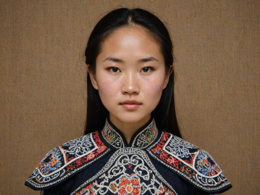 Face, shoulders, chest covered in openwork Hmong embroidery. Raw, unedited image.